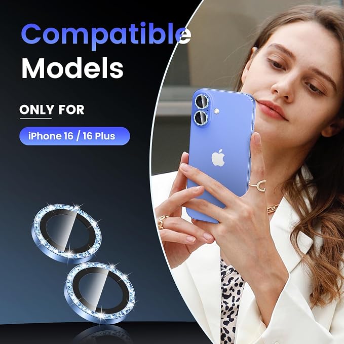 Tensea for iPhone 16/16 Plus Camera Lens Protector Bling, Camera Cover | 9H Tempered Glass Camera Screen Protector, Metal Individual Ring for iPhone16 6.1inch/ 16Plus 6.7inch, HD Clear, Easy Install - Image 2