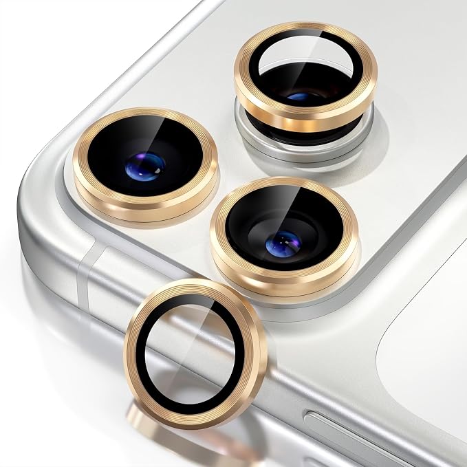 Misea Compatible for iPhone 17 Pro/iPhone 17 Pro Max Camera Lens Protector | 9H Tempered Glass Ultra HD Bling Camera Screen Protector Cover Metal Individual Ring Decoration Accessories, Gold by Misea