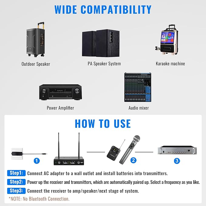 Phenyx Pro Dual UHF Tunable Freq Wireless Microphone System PTU-52-1H1B | 2 x 30 Tunable Fre, 200 ft Range, 2 Headset/Lapel Mics, Metal Cordless Mic for Singing, Karaoke, Church, Wedding, DJ Events - Image 7