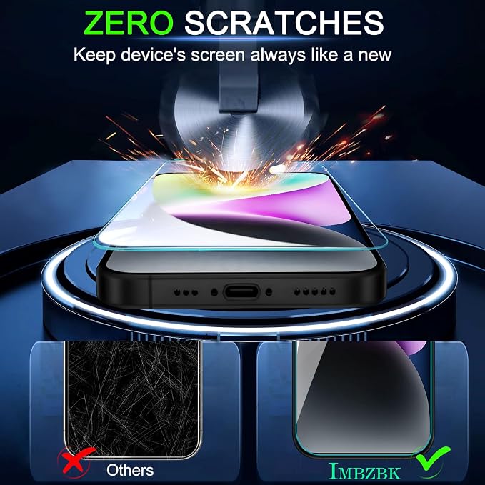 IMBZBK for iPhone 14 Screen Protector, Tempered Glass, 3+3 Pack | 9H+ Hardness, Military Grade Shatterproof, Case Friendly, Bubble Free Auto-Dust Removal, with 3 Camera Lens Protectors - Image 4