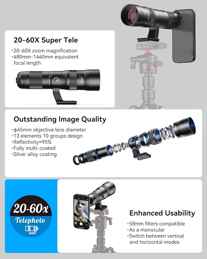 20-60X Zoom Telephoto Lens for iPhone 17, Evil Eye High Power HD Telephoto Phone Lens with Phone Case - Image 8