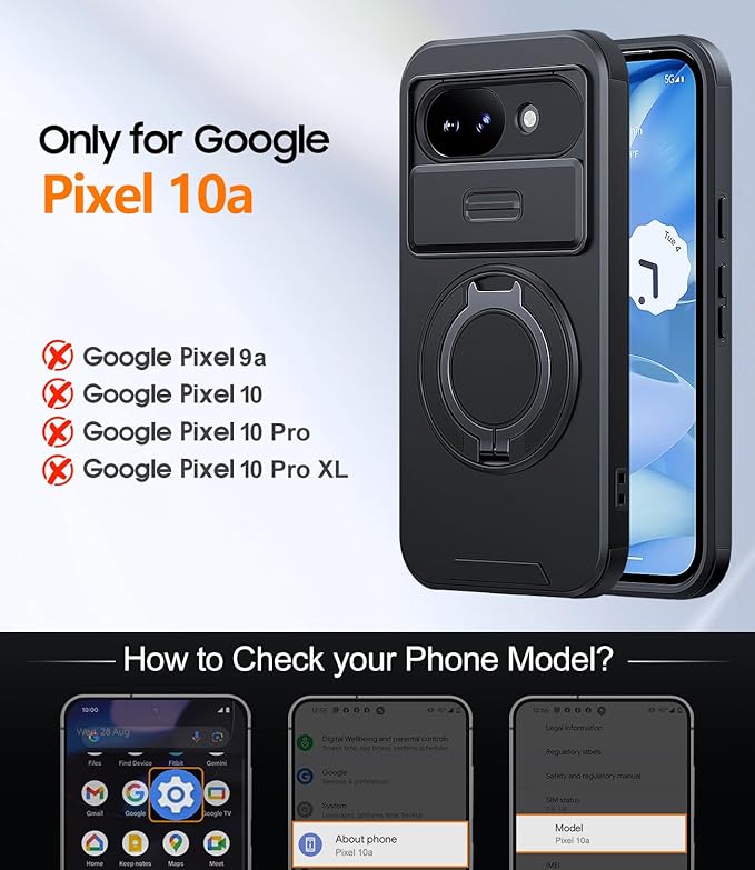 JAME for Google Pixel 10A Case with Ring Stand & Slide Camera Cover Black | Ring Holder Kickstand, Screen Protectors, Dual-Layer Shockproof Protective, Magnetic Accessory Friendly Phone Case, Black - Image 2
