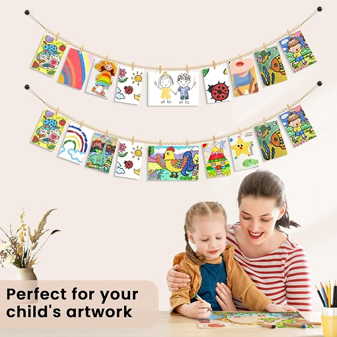 KLOGTSIND Hanging Photo Display with Clips, 3PCS Wood Bead Garland Banner | Photo String Banner with 10 Clips for Bedroom Room Dorm Cubicle, Picture Cards Artwork Display, Christmas Teen Girls Gifts - Image 6