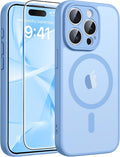 FNTCASE for iPhone 15 Pro Max Case, Fit for Magsafe, Glass Screen Protector | Full Camera Protection, Translucent Matte, 14FT Military Grade Drop Proof, Shockproof Protective Phone Cover, Light Blue by FNTCASE