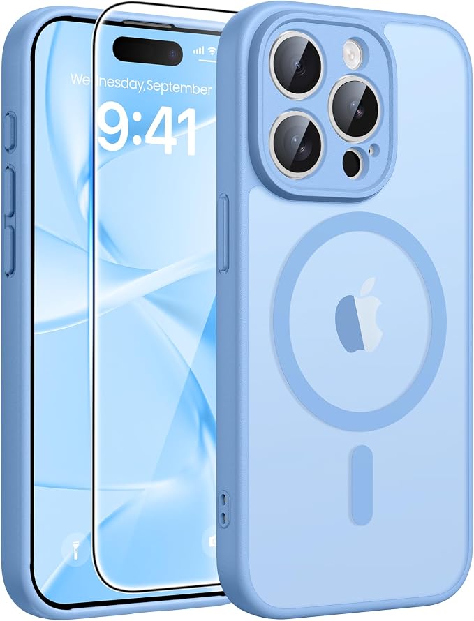 FNTCASE for iPhone 15 Pro Max Case, Fit for Magsafe, Glass Screen Protector | Full Camera Protection, Translucent Matte, 14FT Military Grade Drop Proof, Shockproof Protective Phone Cover, Light Blue by FNTCASE