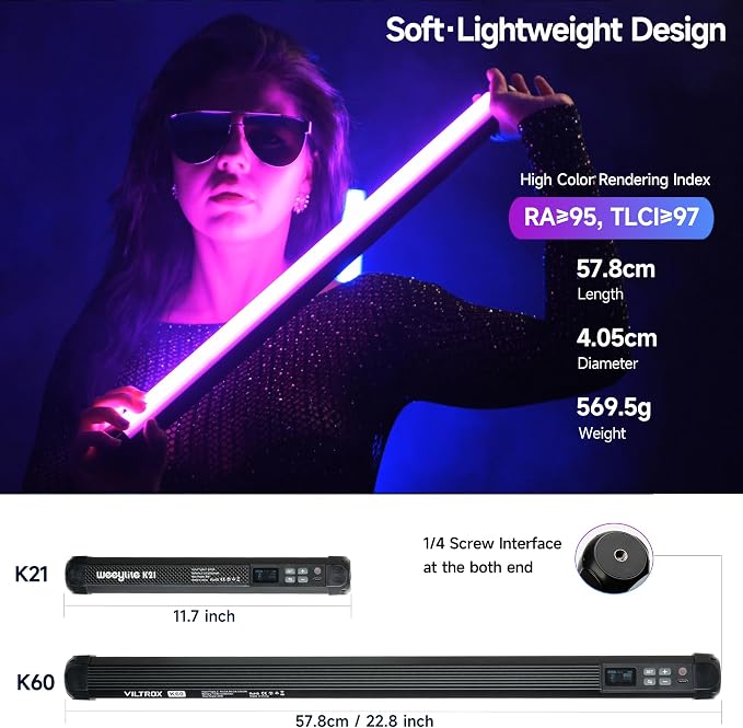 VILTROX K60 2 Pack Large Handheld Stick Light, 32Wh Rechargeable Battery 20W 1950lm RGB LED Video Light w PD Fast Charging CRI 97+ 2500K-8500K LCD Display, 22.8" Tube Light for Photography Light Wand - Image 4