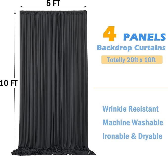 20ftx10ft Wrinkle Free Black Backdrop Curtain for Parties, 4 Panels 5x10ft Silky Polyester Photo Backdrop Drapes Back Drop Cloth Drapery for Wedding Birthday Photography Background Decor - Image 3