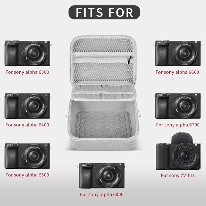 casmilee Mirrorless Camera Case for Sony a6400/a6700/a6100/a6000 | Adjustable Dividers, Padded Multi-Layer Protection, Pockets for Lens and Accessories, Shoulder Strap, Case Only, Gray - Image 3