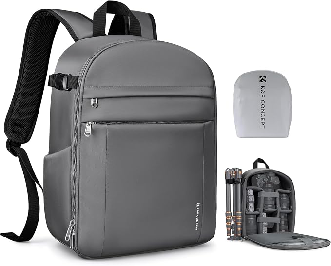 K&F CONCEPT Camera Backpack, DSLR/SLR/Mirrorless Photography Camera Bag | 14in Laptop Compartment & Rain Cover, 600D Fabric for Travel & Daily, Men & Women, Dual-Mode Detachable Dividers, Gray, B19 by KFCONCEPT