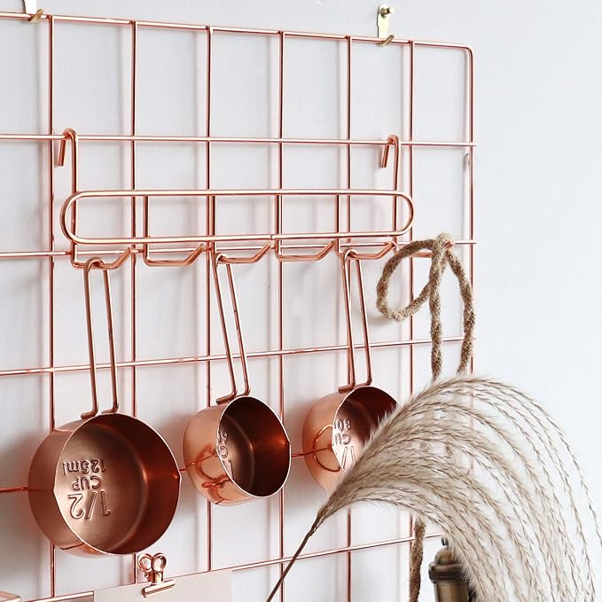 Wall Grid Panel for Photo Display,Wall Storage Organizer ,5 Metal Clips & 3 S Hooks & 4 Nails & 4 Plastic Hanging Buckles and 4 Screws Offered,Size 17.5" x 11.8",2 Pack(Rose Gold) - Image 5