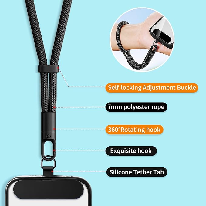 Phone Wrist Strap Lanyard Hand Universal Adjustable Phone Finger Grip Wristlet with 3 Patches Tether Anti Theft for iPhone 16 Pro Max 15 14 Charms for Keychain USB Flash Drive Wallet ID Name Tag Black - Image 4