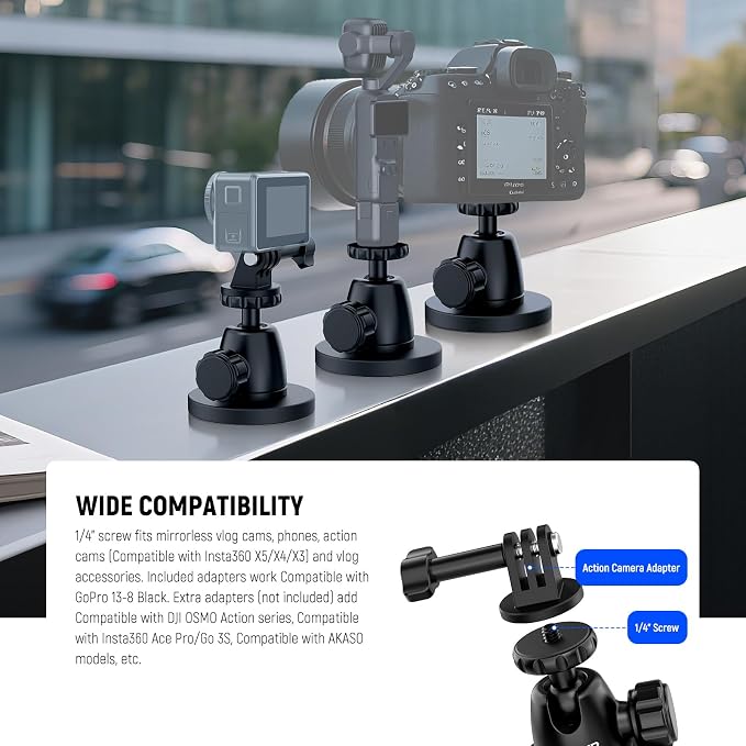 NEEWER Basics Magnetic Action Camera Mount for Car Video Recording, GP-101 | Compatible with GoPro DJI Action 6 Osmo 360 Pocket 4P 4 3 Xtra Muse Insta360 Luna Ultra X5 X4 X3 Ace Pro AKASO Accessories - Image 3