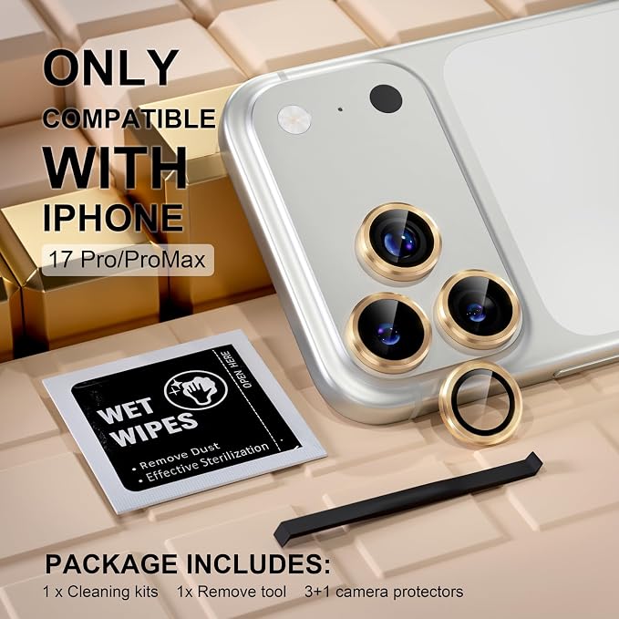 Misea Compatible for iPhone 17 Pro/iPhone 17 Pro Max Camera Lens Protector | 9H Tempered Glass Ultra HD Bling Camera Screen Protector Cover Metal Individual Ring Decoration Accessories, Gold - Image 2