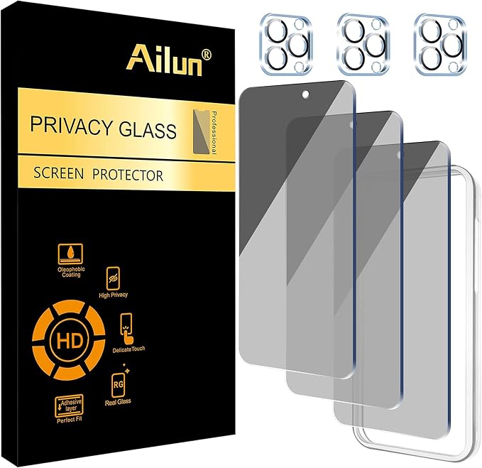 Ailun Privacy Screen Protector+Camera Lens Protector for iPhone 15 Pro Max | 3+3 Pack, 6.7 inch, Installation Frame, Dynamic Island Compatible, Anti Spy Tempered Glass by Ailun