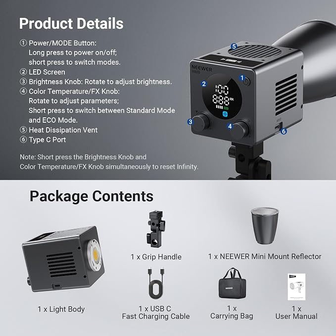 NEEWER 60W Mini LED Video Light with 50Wh Battery/100W PD Fast Charging, APP/2.4G Control/NFC, Bi Color Dimmable COB Studio Continuous Output Lighting 44,800 lux/1m 2700-6500K CRI97+ 12 Scenes, HB60B - Image 9