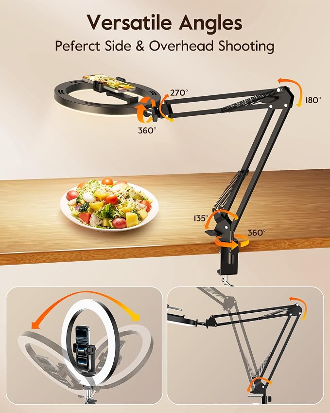 Upgrade Ring Light with Stand, Overhead Phone Mount for Desk, 10” Selfie Light with Stand Tripod for iPhone, Light with Phone Holder for Video Recording,Zoom Meeting,Live Streaming Tiktok,YouTube - Image 3