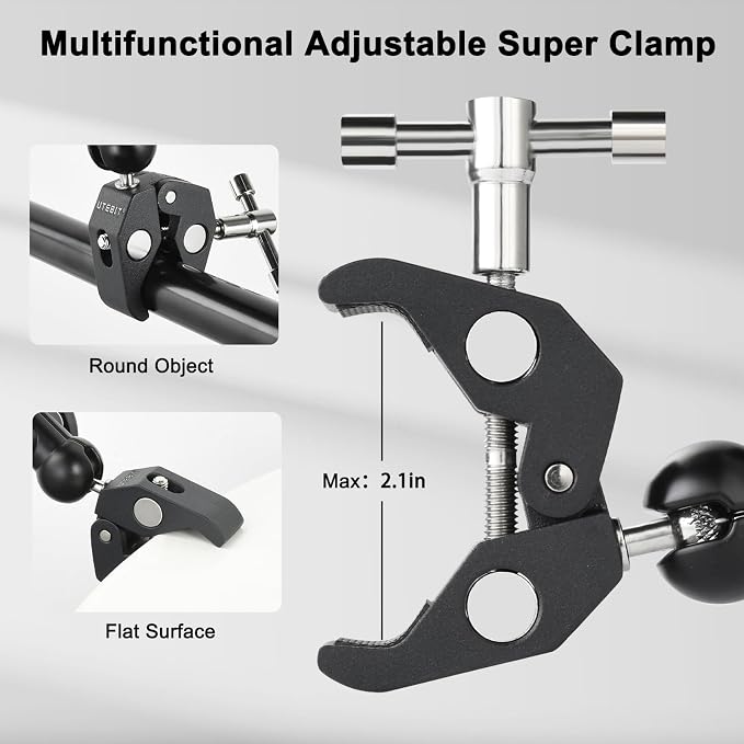 Super Clamp Camera Mount with 360° Ballhead Magic Arm, Black | Super Clamp Mount with 1/4" and 3/8" Thread, Desk/Bike/Bicycle/Motorcycle/ Handlebar for GoPro, Phone, Camera, Monitor - Image 3