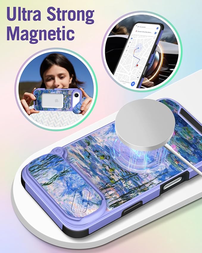 Buleens for iPhone 17 Air Case 6.5 Inch - with Ring Stand & Camera Cover Aesthetic Cute Designed Women Girl Girly Pretty Kawaii Blue Water Lily Phone Case for iPhone 17 Air Compatible with Magsafe - Image 4