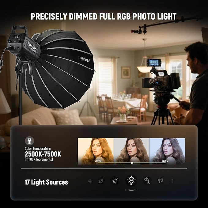 NEEWER 230W High Power RGB LED Video Light, APP/2.4G Control, 2500K-7500K 23000lux/1m COB Continuous Output Lighting, 17 Effects CRI95+ Bowens Spotlight for Studio Photography Video Recording, FS230C - Image 4