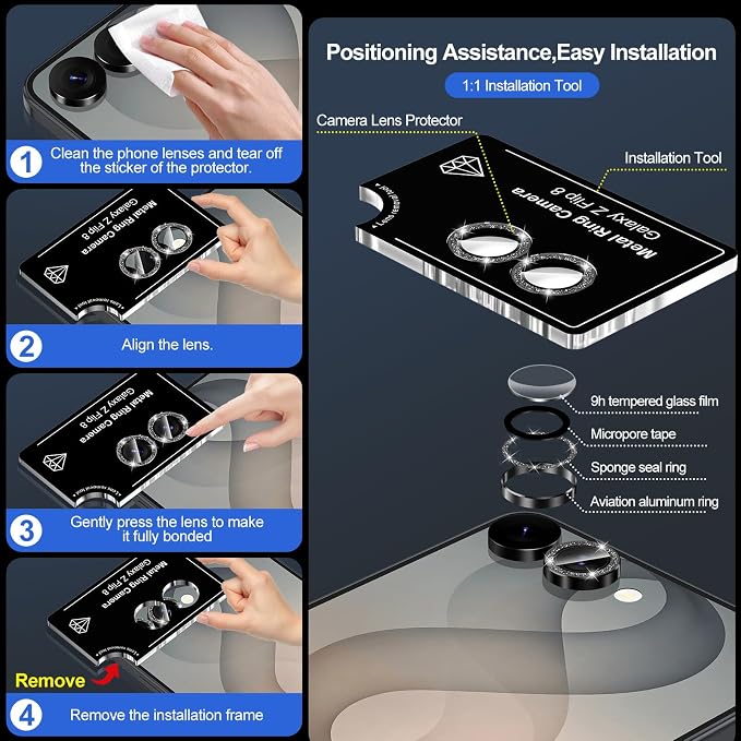 for Samsung Galaxy Z Flip 8 Camera Lens Protector, Individual Metal Ring Tempered Glass Lens Cover, [Strong Adsorption] Scratch Resistant Ultra-Thin HD Clear Lens Cover, 1 Set-Black Sparkly - Image 7