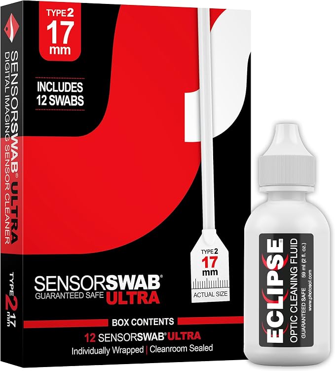 Senor Cleaning Kit - 17mm Sensor Swab (12 Swabs) for Cleaning APS-C Sensors and Eclipse Sensor Cleaning Application with Dropper Tip (59ml) 2oz by PhotographicSolutions