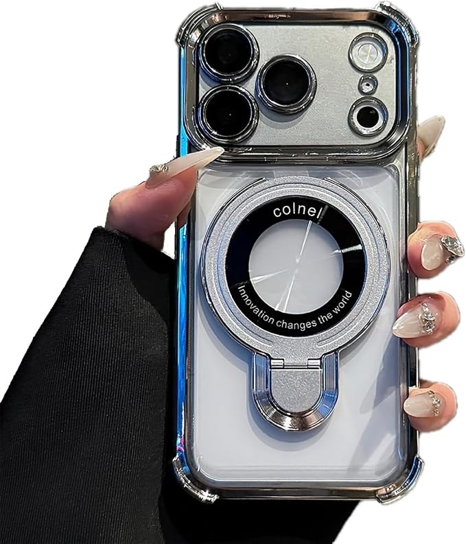 for iPhone 17 Pro Clear Case with Magnetic Ring Stand, [Compatible with MagSafe] Shockproof Kickstand Plating Soft Case with Camera Lens Protector Girls Woman Cover for 17 Pro 6.3", Silver by Unknown