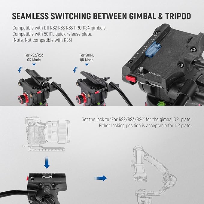NEEWER 74" Video Tripod with Adjustable Damping Fluid Head, TP75 | Metal, Heavy Duty, Dual-Mode QR Plate, Compatible with DJI RS Gimbals, Flexible 360° Pan, +90°-75°Tilt, Max Load 22lb/10kg - Image 4
