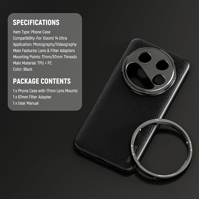 NEEWER 14 Ultra Case, Protective Heavy Duty Case with Wireless Charging, 17mm Lens Mounts & 67mm Filter Adapter, TPU + PC Faux Leather, Compatible with Xiaomi 14 Ultra, PA051 Black - Image 8