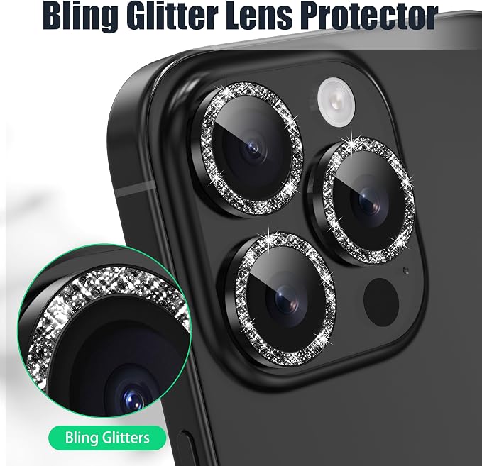 AGVEE 3+3 6 Pack for iPhone 16 Pro & Max Camera Lens Protector Cover | Individual Bling Diamond & Bling Glitter Sparkle Cute Gem Metal Ring, 9H Tempered HD Glass - Image 5