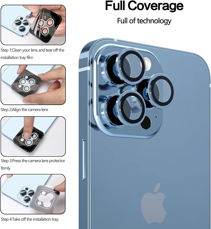 YWXTW [3+1] [Upgraded] Camera Lens Protector for iPhone 13 Pro Max 6.7 Inch/iPhone 13 Pro 6.1 Inch, [Keep Original Camera] [Installation Frame] Tempered Glass Camera Lens Cover, 1 Set (Sierra Blue) - Image 6