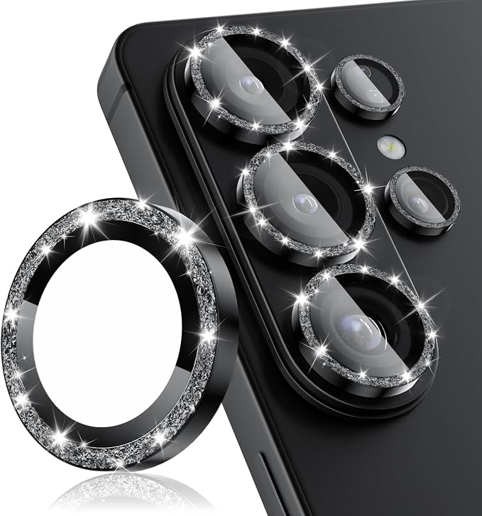 CloudValley for Samsung Galaxy S26 Ultra Camera Lens Protector Bling | 9H Tempered Glass + Aluminum Alloy Lens Protective Ring [Glitter Decoration] Ultra-HD Individual Lens Cover,Glitter Black by CloudValley