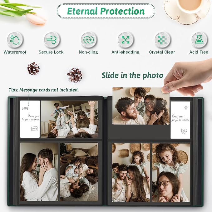 Popotop 4x6 Photo Album Holds 300 Pictures, Vegan Leather Hardcover | 300-Photos Capacity, Acid-Free PP Slip-In Pockets, Mixed-Orientation Layout, Front Photo Window, Gifts for Wedding Baby - Image 3