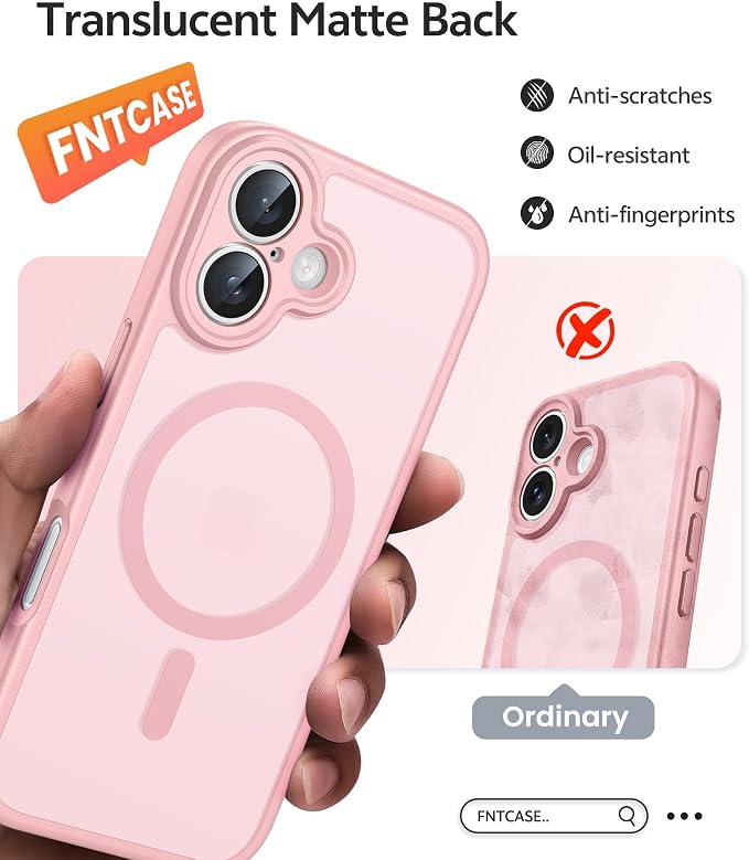 FNTCASE for iPhone 16 Case, Fit for Magsafe, Screen Protector, Light Pink | Full Camera Protection, Translucent Matte, 14FT Military Grade Drop Proof, Shockproof Protective Phone Cover - Image 6
