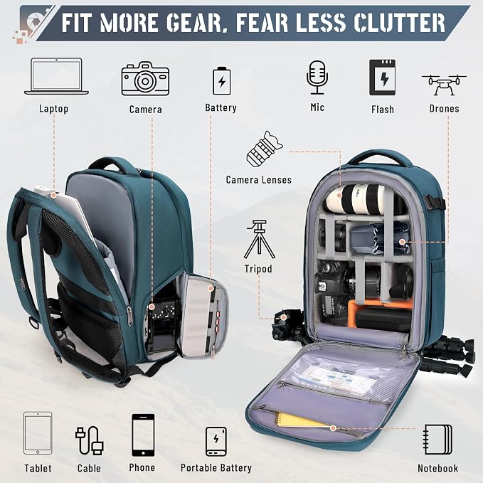 RAINSMORE Camera Backpack Hard Shell for DSLR/SLR Waterproof Camera Bag with Laptop Compartment 15.6 Inch Professional Camera Case with Rain Cover Photography Backpack Bag with Camera Lens Case Green - Image 3