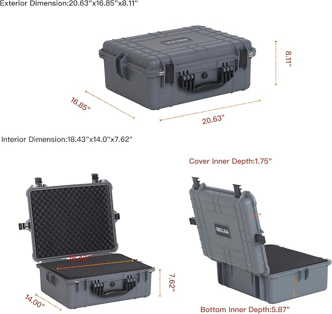 MEIJIA All Weather IP67 Waterproof Hard Camera Case,Hard Protective Case,Hard Case with Customizable Foam,Fit Use of Drones,Camera,Equipments,Pistols(Grey,20.62 x16.85x8.11inches) - Image 3