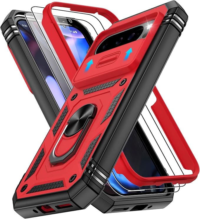 Gritup for Pixel 9/9 Pro Case Military-Grade Shockproof with Kickstand | with 2 PCS Screen Protector, Slide Camera Cover, Heavy Duty Outdoor Protection Funda para Google 9/9 Pro Cover Red+Black by Gritup