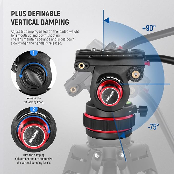 NEEWER 74" Video Tripod with Adjustable Damping Fluid Head, TP75 | Metal, Heavy Duty, Dual-Mode QR Plate, Compatible with DJI RS Gimbals, Flexible 360° Pan, +90°-75°Tilt, Max Load 22lb/10kg - Image 3
