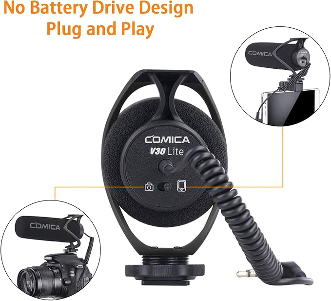 COMICA CVM-V30 LITE Video Microphone,Super-Cardioid Condenser On-Camera Shotgun Microphone for Canon Nikon Sony Panasonic DSLR Cameras,Mic for iPhone Android Smartphone with 3.5mm Jack(Black) - Image 3