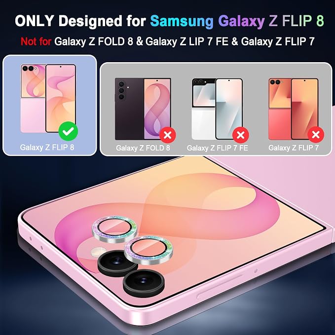 Meshine for Samsung Galaxy Z Flip 8 Camera Lens Protector,Scratch Proof,Strong Adsorption,9H Hardness with Metal Ring Camera Cover,Ultra Thin Case Friendly,Accessories Lens Protector,Glitter Colorful - Image 2