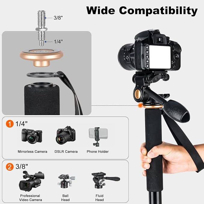 Koolehaoda 71.6” Camera Monopod with 3-Way Pan Tilt Head & Detachable Feet | Aluminum Tripod & Monopod Photography Unipod Stick for DSLR, Camcorder, Vlog & Sports Shooting - Image 5