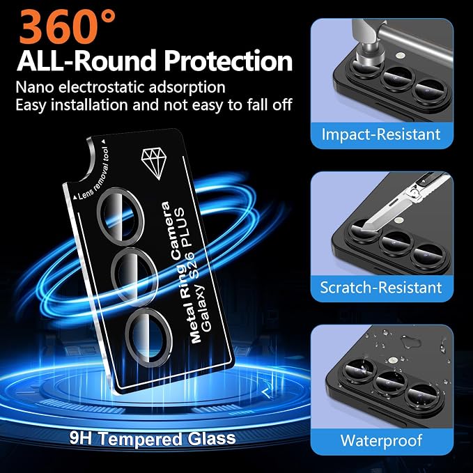 for Samsung Galaxy S26 Plus Camera Lens Protector, Individual Metal Ring Tempered Glass Lens Cover, [Strong Adsorption] Scratch Resistant Ultra-Thin HD Clear Lens Cover, 1 Set-Black - Image 2