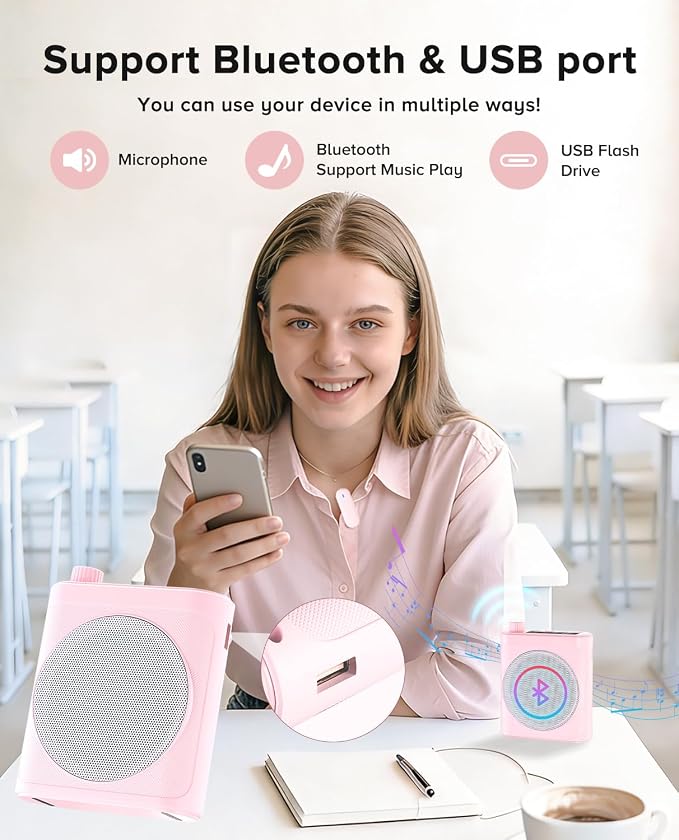 Voice Amplifier for Teachers with 2 Magnetic Lavalier Mics, Pink | Bluetooth Portable Rechargeable Speaker for Classroom, Meetings, Tour Guide Speeches, Public Speaking, Coaches, PA System - Image 3