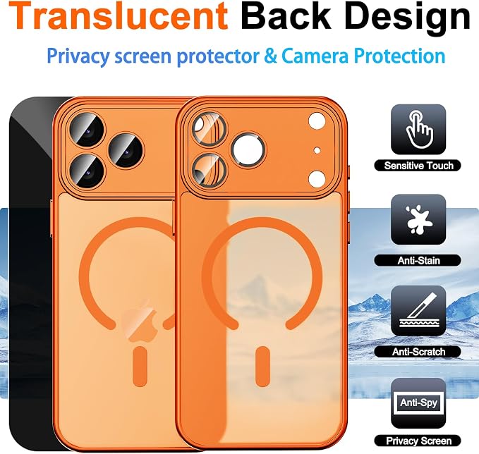 Magnetic for iPhone 17 Pro Max Case, Shockproof Cover, Orange | Full Camera Protector, with Privacy Screen Protector, Compatible with MagSafe, Translucent Matte, Military-Grade Protection - Image 2