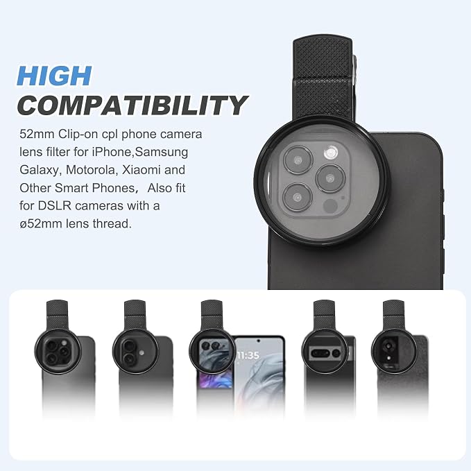 PATIKIL 52mm Phone Camera Lens, Clip-On Polarizer Filter Circular Polarizing Lens for Most Smart Phones and DSLR Cameras, Black - Image 4
