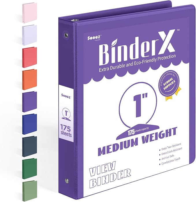 BinderX Extra Durable 3 Ring Binder, Round Rings 1 Inch Binder | Fits 175 Sheets of 8.5x11 Paper, Customizable View Cover with Inside Pockets, Cute 1" Binders, 1 Inch 1 Pack, Purple by Sooez