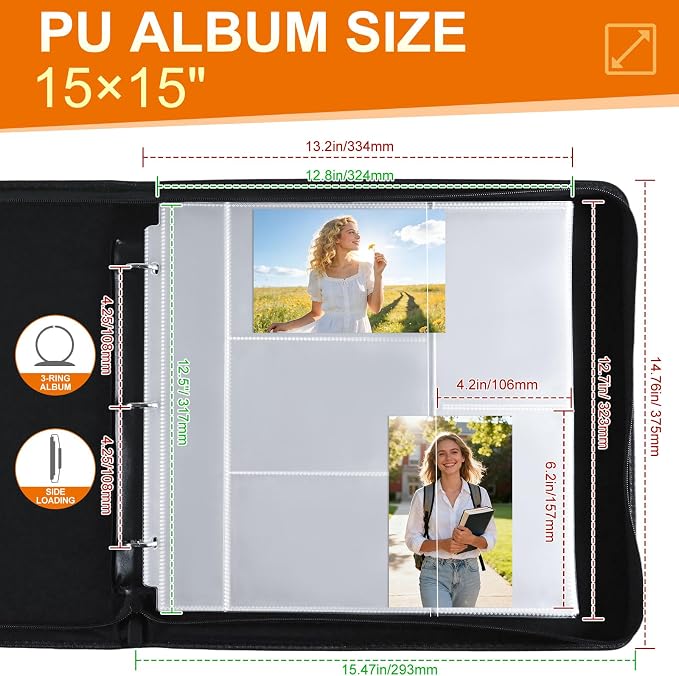 4x6 Photo Album for 3-Ring Binder – Zippered Leather Picture Albums Kit with 20 Page Protectors, Holds 200 Mixed Layout Photos, Large Capacity Family Wedding Anniversary Baby Album Book, Brown - Image 2