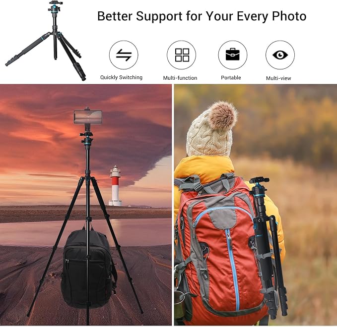 Camera Tripod, 68" / 174cm Lightweight Travel Monopod with 360°Ball Head Payload 15 lbs, Adjustable Height from 17" to 68" Professional Stand for DSLR Camera Shooting - Image 8
