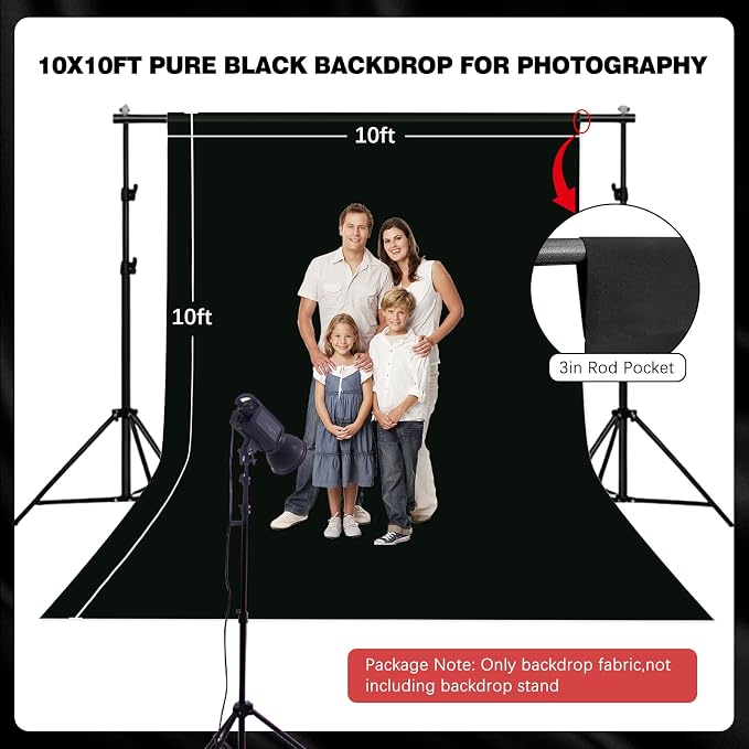 Black Photography Backdrop for Photoshoot, 10x10 Ft Polyester Photo Backdrop Curtains, Black Backdrops Screen for Photo Studio, Video, Content Creators, Birthday Parties Background - Image 2