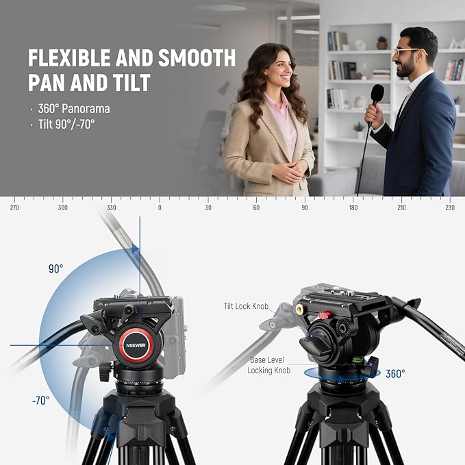 NEEWER Video Tripod with Fluid Head, Heavy Duty Aluminum Compact Portable Camera Tripod Stand for DSLR Camcorder Compatible with DJI Gimbals Compatible with Manfrotto QR Plates, Max Load 13.2 lb, TP73 - Image 5
