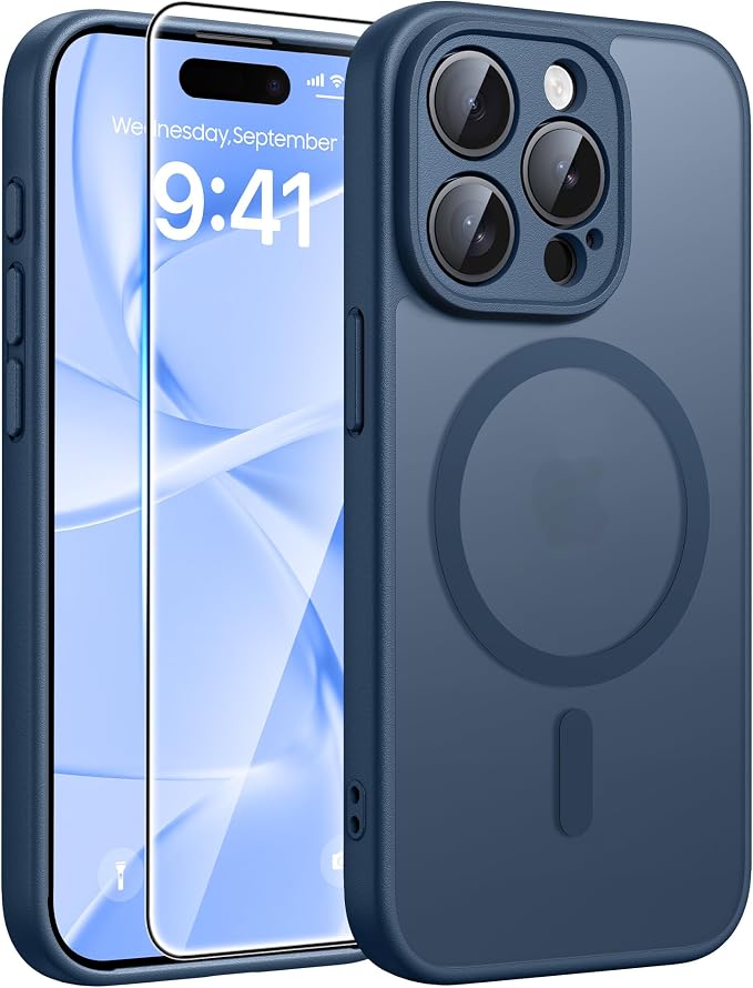 FNTCASE for iPhone 15 Pro Max Case, Fit for Magsafe, Glass Screen Protector | Full Camera Protection, Translucent Matte, 14FT Military Grade Drop Proof, Shockproof Protective Phone Cover, Blue by FNTCASE